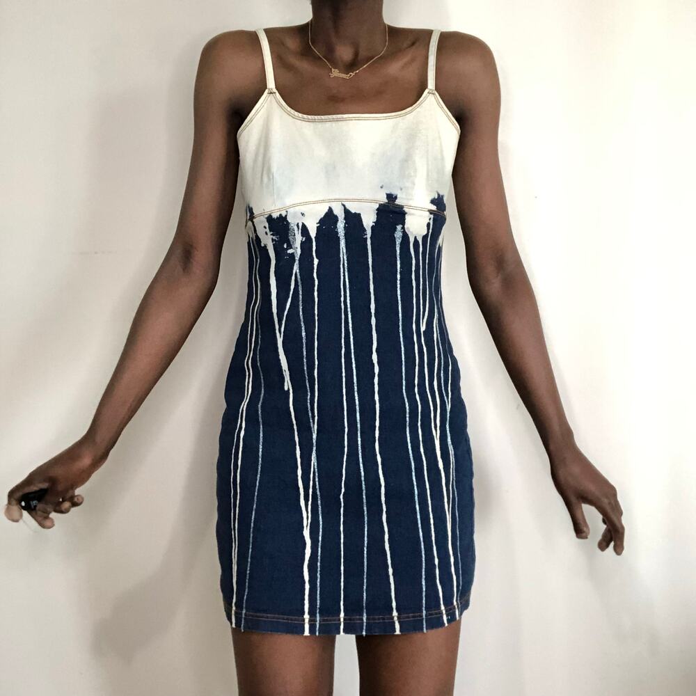 VINTAGE | Y2K Glitter Drip Stretch Denim Slip Dress Size Medium - Picture 7 of 8